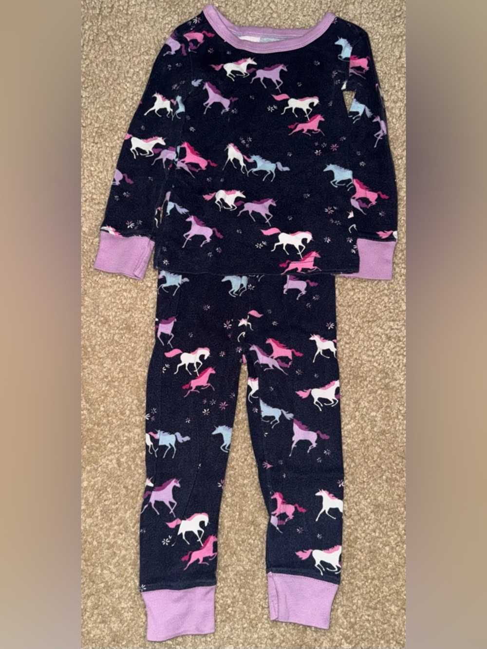 Girls' Unicorn Print Navy Pajama Set - Purple & Pink Accents